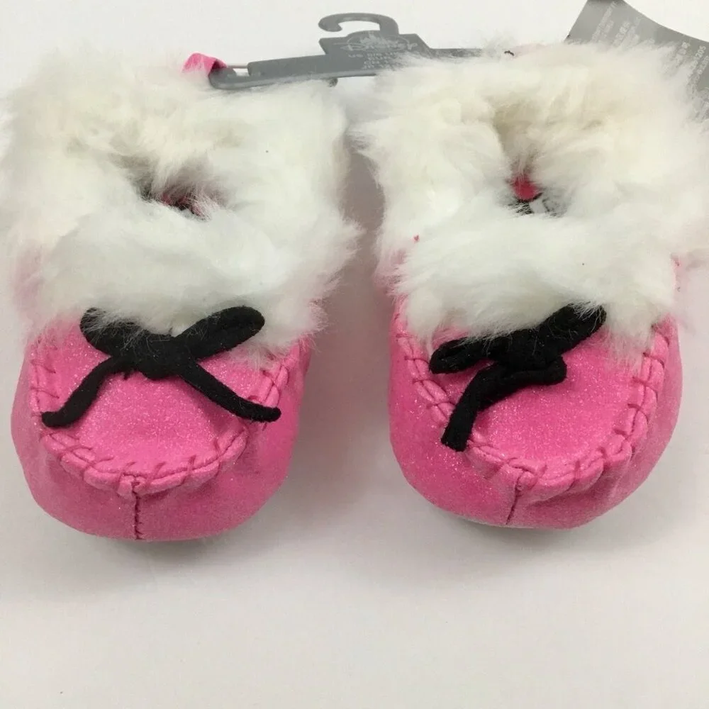Disney Minnie Mouse Baby 5/6 Moccasin Slippers House Shoes White Faux Fur Bow